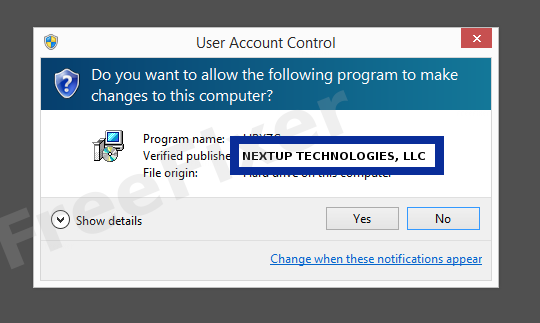 Screenshot where NEXTUP TECHNOLOGIES, LLC appears as the verified publisher in the UAC dialog